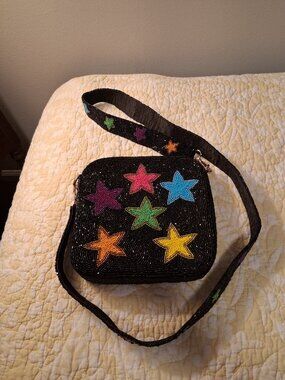 Pria Handcrafted Accessories Beaded Star Bag, Black with Multicolor stars